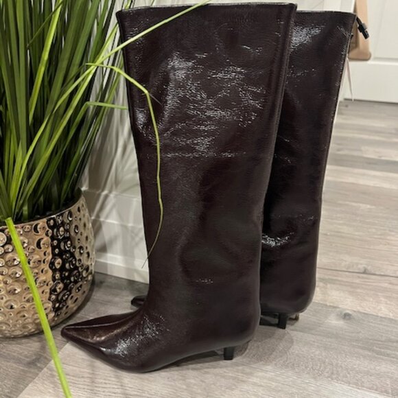 ZARA NEW WOMAN WIDE LEG KITTEN HEEL BOOTS PATEN EFFECT BURGUNDY RED 1006/410 - Picture 1 of 8